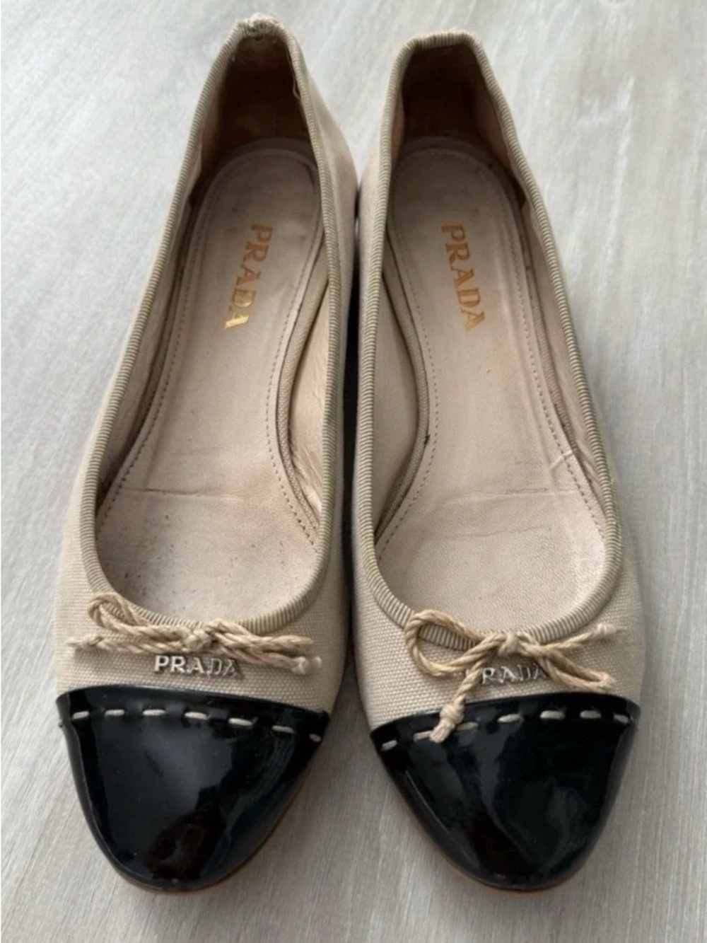 Prada Canvas Cap Toe Ballet Flats Beige Black Women Sz 7 - Picture 2 of 15